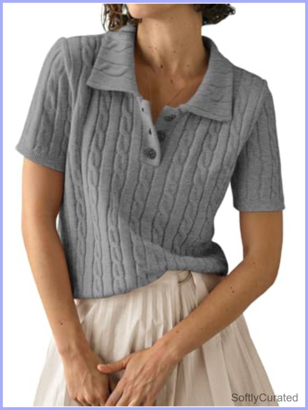 Womens V Neck Polo Short Sleeve Cable Knit Sweater Business Casual Top